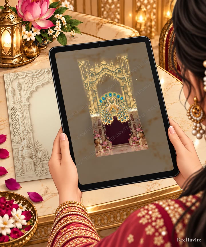 Royal Peacock Wedding Magic Card preview on a tablet